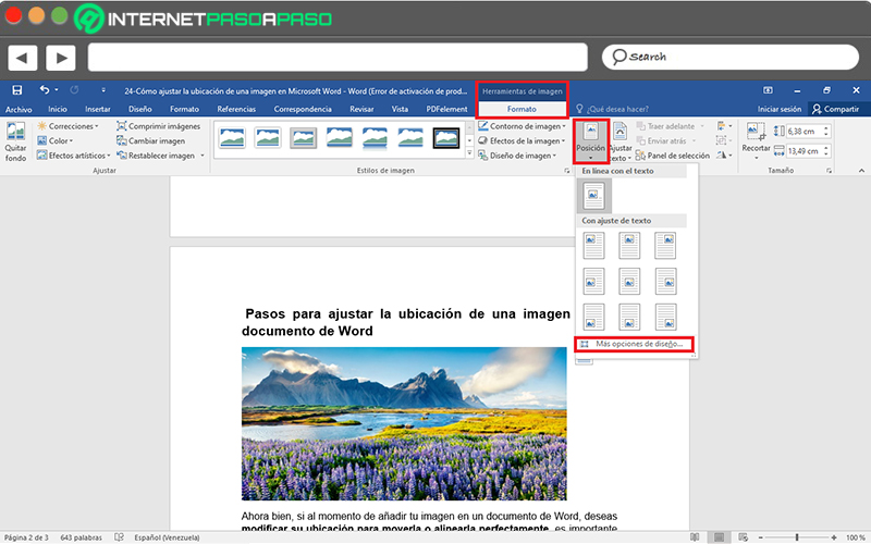 Steps to adjust the location of an image in a Word document