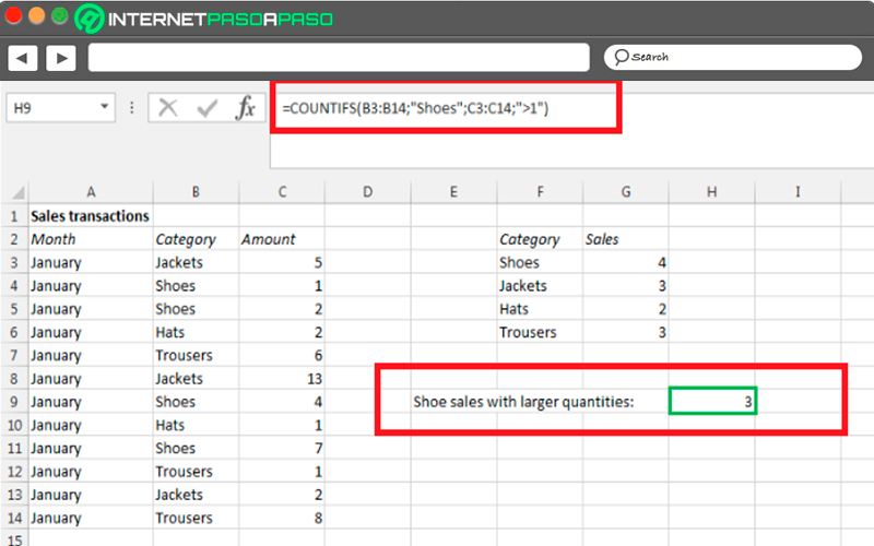 Steps to count larger numbers in an Excel table with COUNTIF