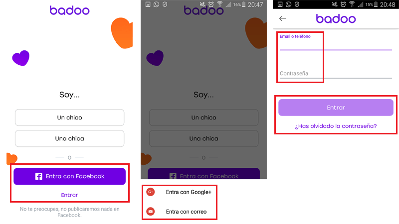 Pasos para entrar en Badoo desde Android
