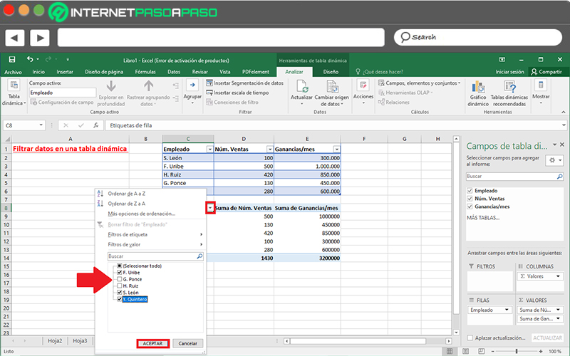 Pasos para ordenar y filtrar información en una tabla dinámica de Excel