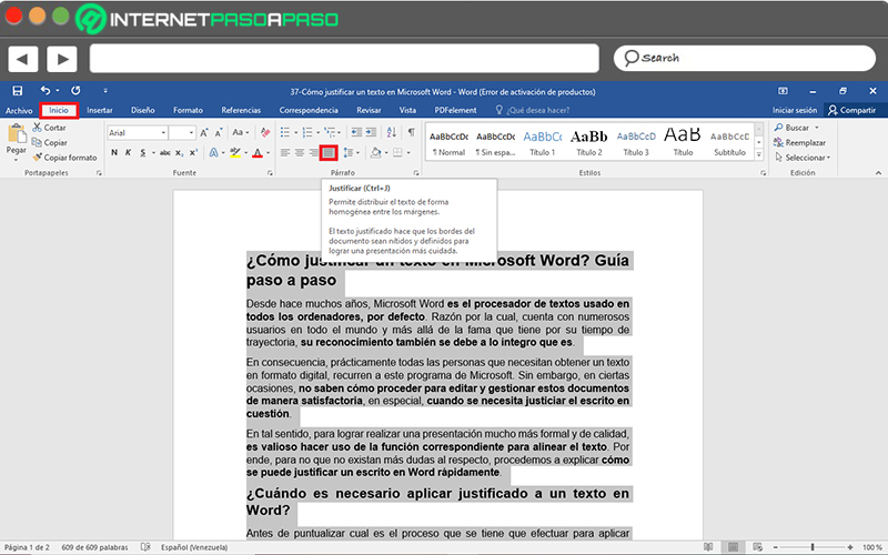 Pasos para poner un texto justificado en un documento de Microsoft Word