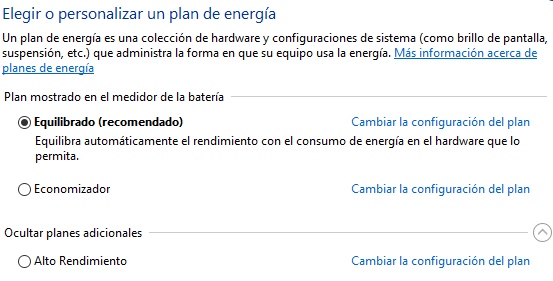 Elegir o personalizar un plan de energía Windows 10