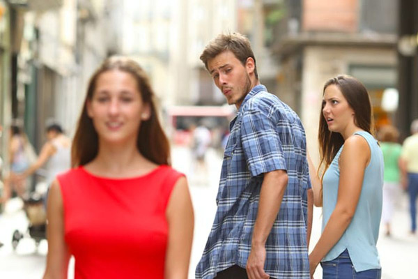 Cheating distracted boyfriend meme template