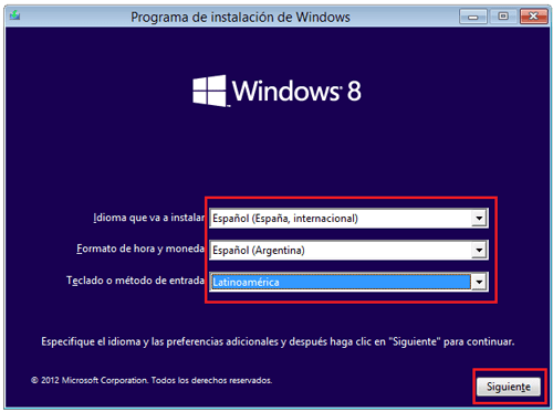 Primera pantalla instalador Windows 8