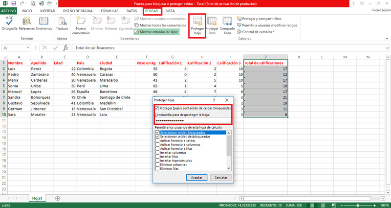 Protecting the spreadsheet