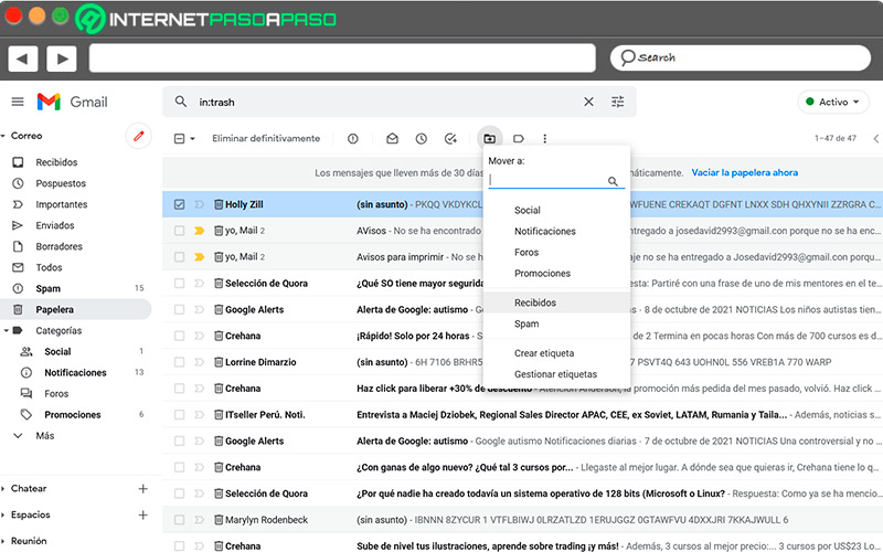 Retrieve emails from Trash in Gmail