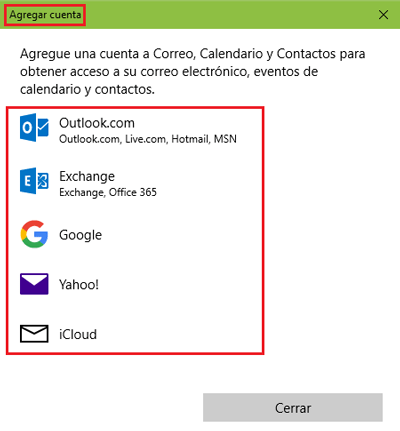 Registrar cuenta correo en Windows 10