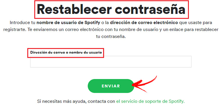 Restablecer contraseña cuenta Spotify