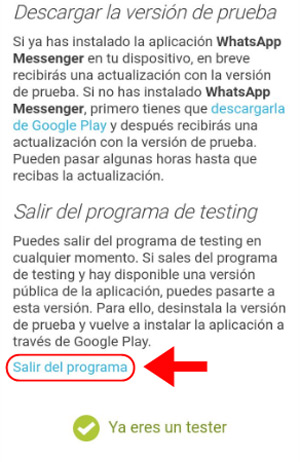Salir de la version Beta Tester Whatsapp Messenger