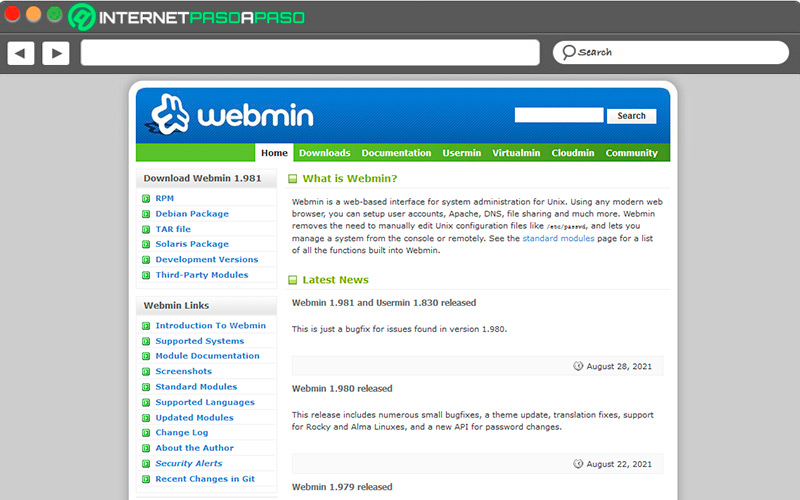 Sitio de descarga de Webmin en Linux