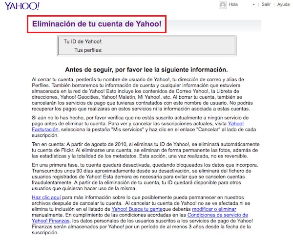 Texto informativo cierre de cuenta Yahoo