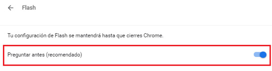 Uso de Flash Player Chrome Preguntar antes (recomendado)