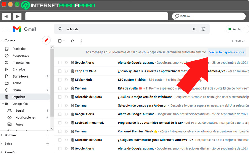 Vaciar papelera de reciclaje en Gmail