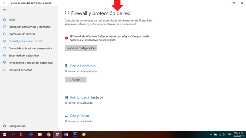 Return to the firewall settings window