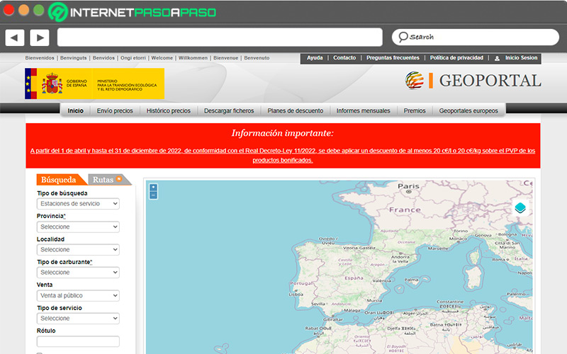 Web de Geoportal gasolineras