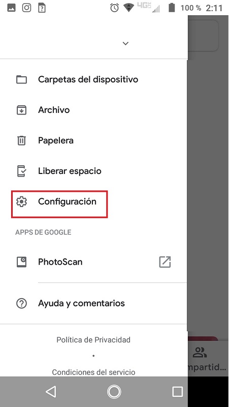 abrir configuracion en google fotos