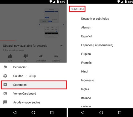 activar subtitulos de youtube en android