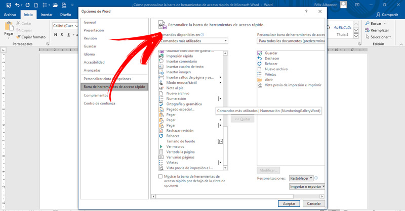 Pasos para personalizar la barra de herramientas de acceso directo de Microsoft Word