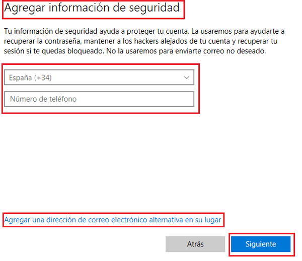 Agregar información seguridad cuentas Microsoft en Windows 10