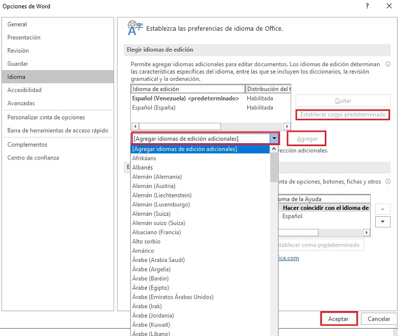 cambiar idioma en word