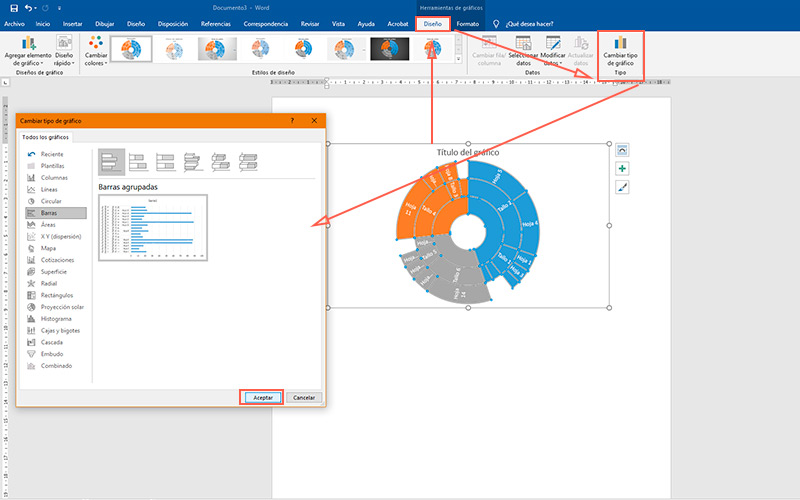 Steps to change the chart type in a Microsoft Word document