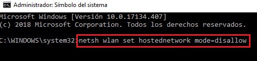 comando netsh wlan set hostednetwork mode=disallow