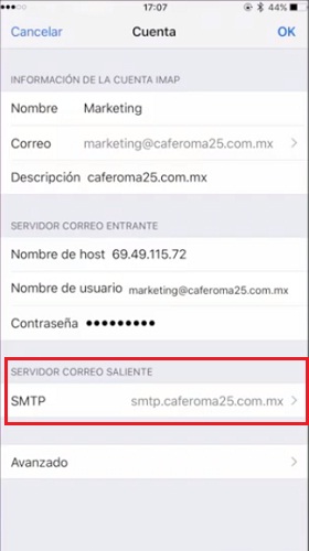 configuración de SMTP iOS