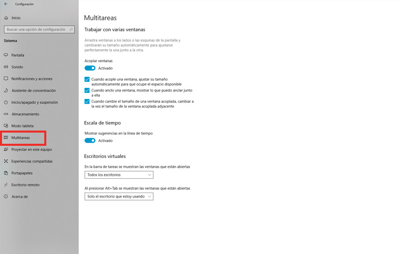 Menú de configuración de Multitareas en Windows 10