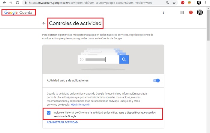 controles de actividad Google Chrome