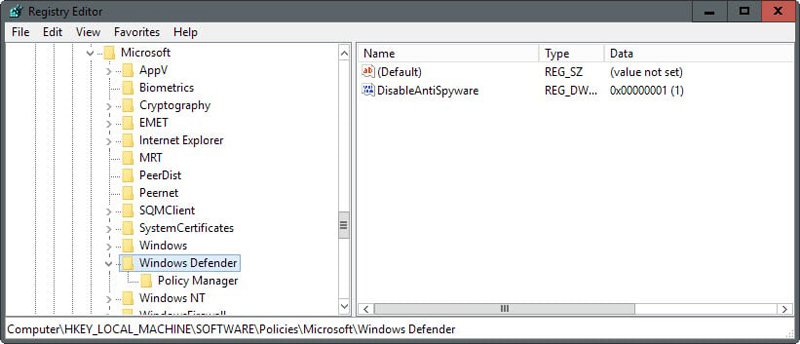 desactivar windows defender editor de registro