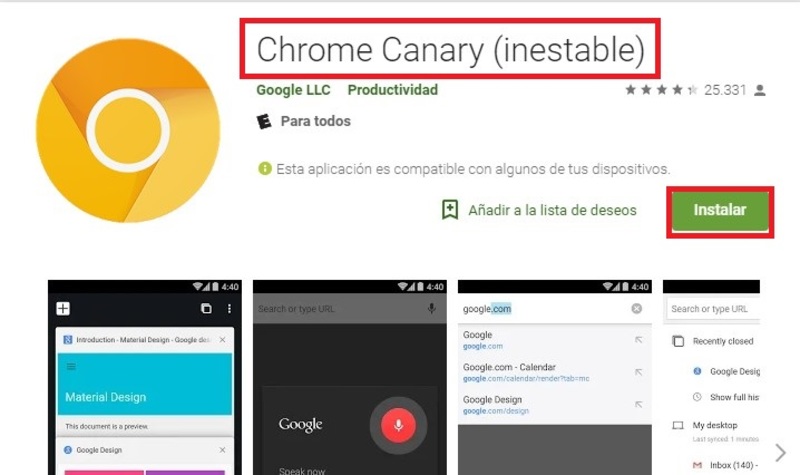 descarga Chrome Canary de google play