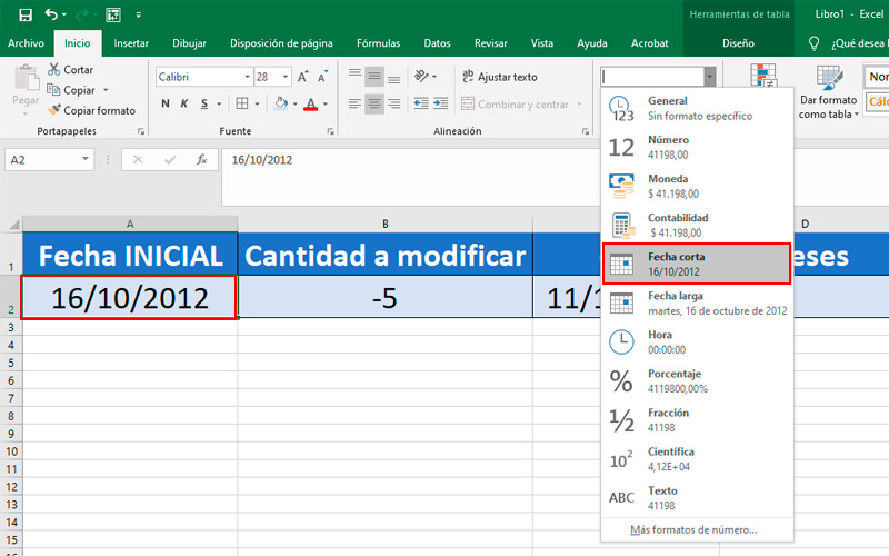 Formato de fecha en celda de Microsoft Excel