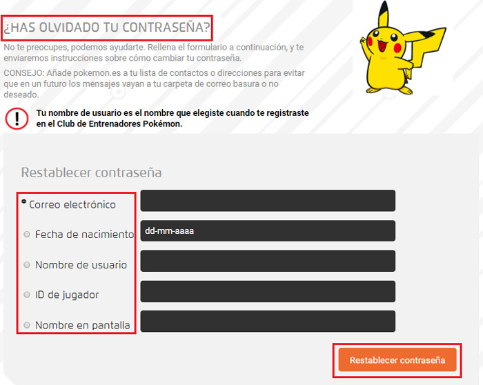 formulario para restablecer contraseña en pokemon go