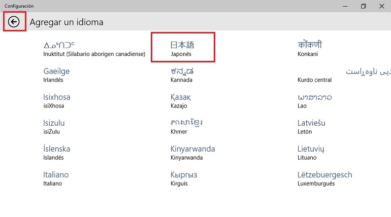 idioma japonés windows 10