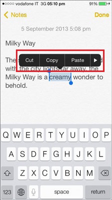 iphone menu to copy, cut and paste