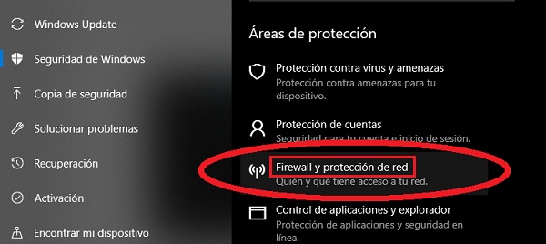 menu de windows firewall y protección de red