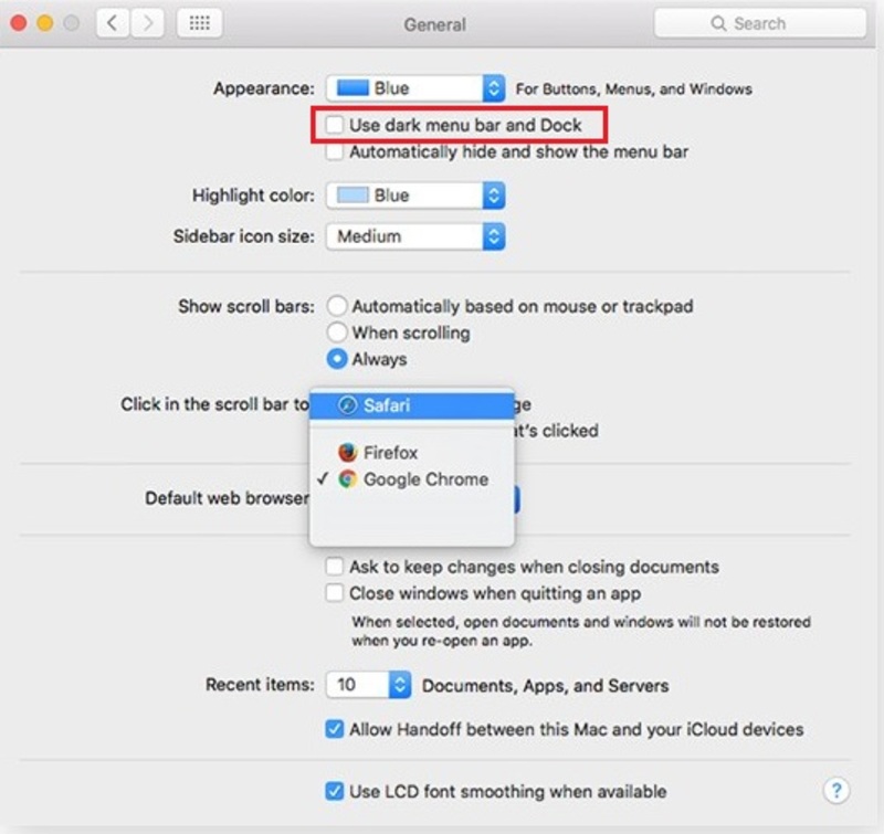 Use Dark Menubar and Dosc option