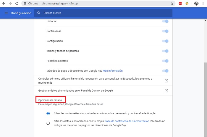 opciones de cifrado google