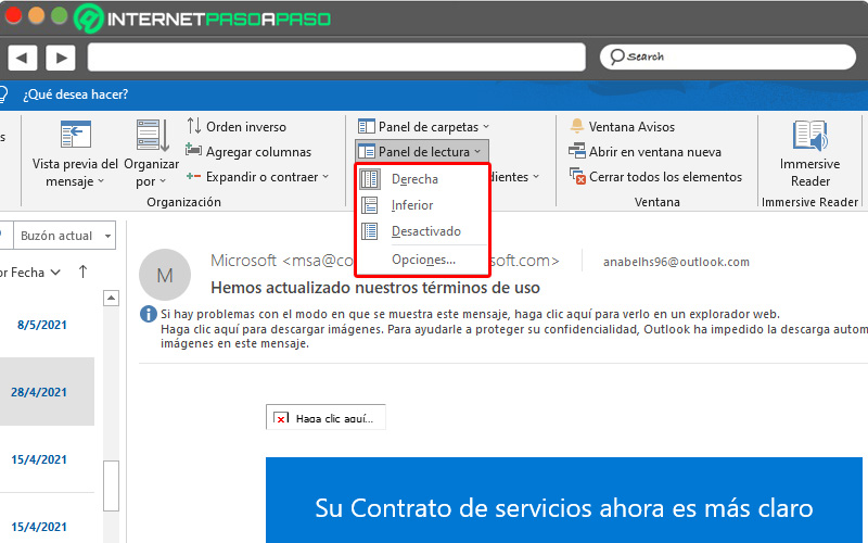 opciones panel de lectura outlook