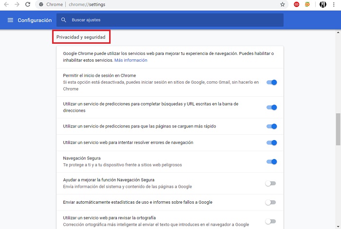 privacidad y seguridad de Google Chrome