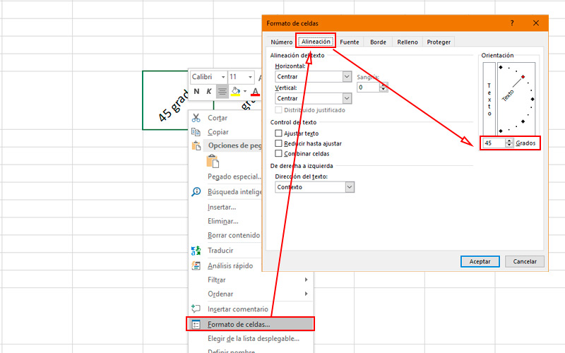 Rotate words to a specific angle in Excel