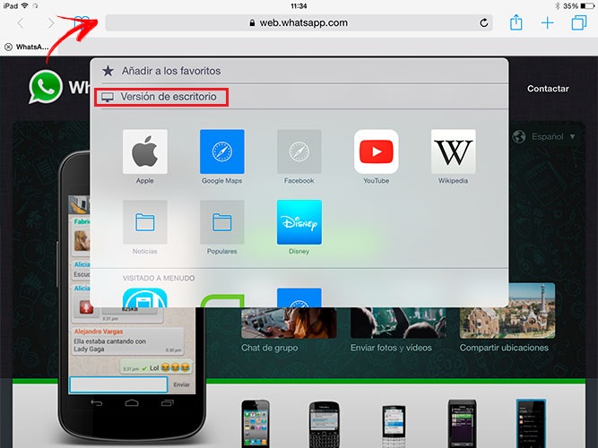 version de escritorio whatsapp iPad desde la barra de busqueda