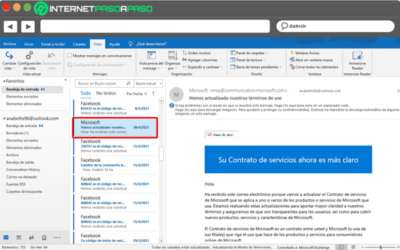 Vista previa de mensajes en Outlook